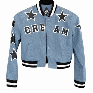 Mini Cream Denim Varsity Jacket Star Eyes Cropped Size S Like New + Free Gift 💝
